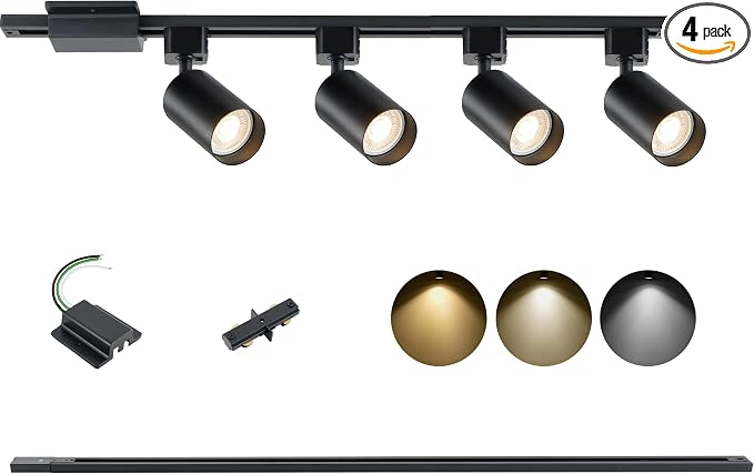3-Color LED Track Lighting Kit with Floating Canopy Connector, 4-Light H Type Rail System with 3.3FT Rails, Dimmable GU10 Bulbs Included, Adjustable Ceiling Spotlights for Kitchen(4, Black)