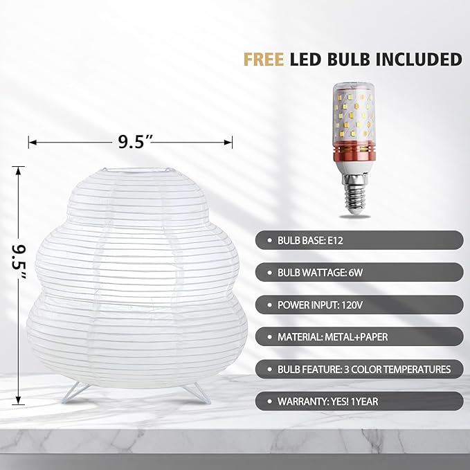 Paper Lantern Lamp, Japanese Paper Table Lamp with 3 Color, Cute Wabi-Sabi Rice Paper Lamp for Desk Bedroom Bedside(Bulb Included)