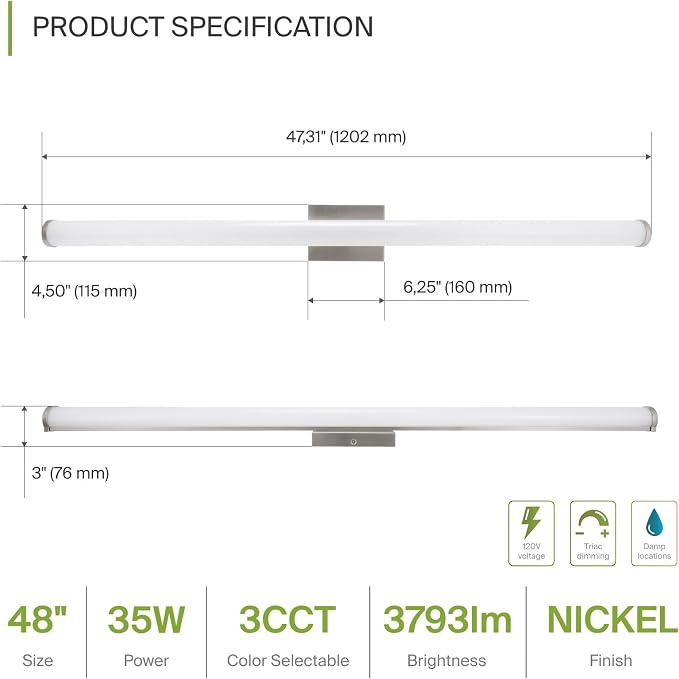 ASD 48" LED Linear Vanity Light Fixture, Modern Bathroom Sconce — 3 Color 3000K-5000K, Dimmable, 35W 3800LM, Energy Star & ETL Listed — Over Mirror Makeup Bar for Bedroom, Cabinets — Nickel, 4 Pack