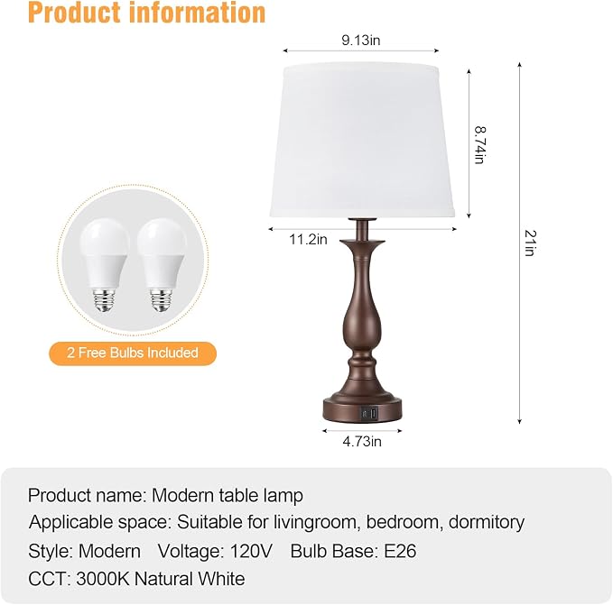 Bedside Table Lamp Touch Control Bedroom Lamps with USB A + C Charging Port 3 Way Dimmable Touch Lamps for Nightstand Living Room Bedroom Dorm Home Office Reading, Set of 2 (White Shade & Brown Base)