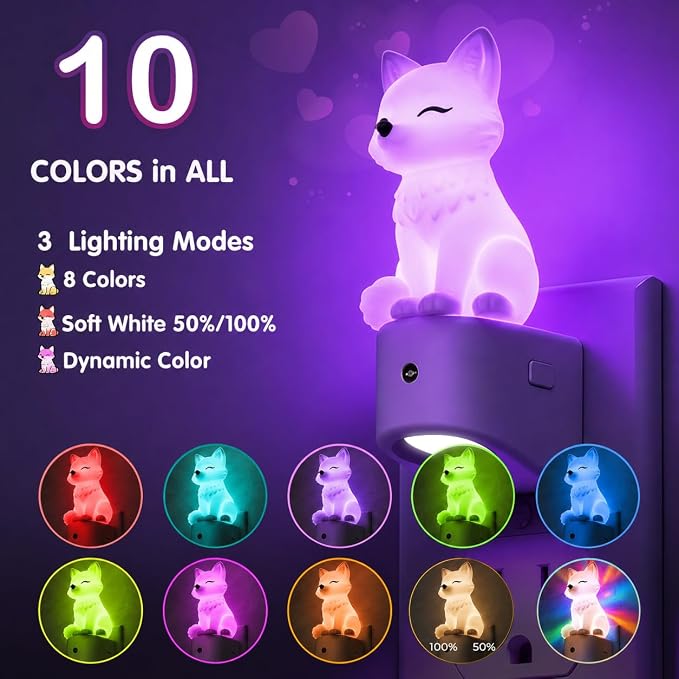 L LOHAS LED Night Light for Kids, Kids Night Light, Dusk to Dawn Sensor | 3D Cute White Fox Night Lights,RGB+Soft White 3000K,Birthday Gift Nightlight for Kids, Room Decor