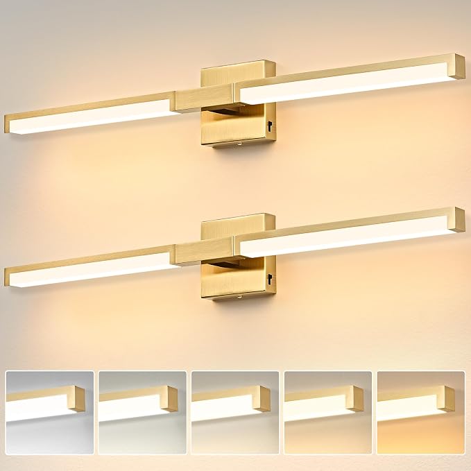 32 Inch Bathroom Vanity Light Fixtures, Gold Modern Light Fixtures Over Mirror, 16W 5CCT Dimmable Wall Light- 2Pack