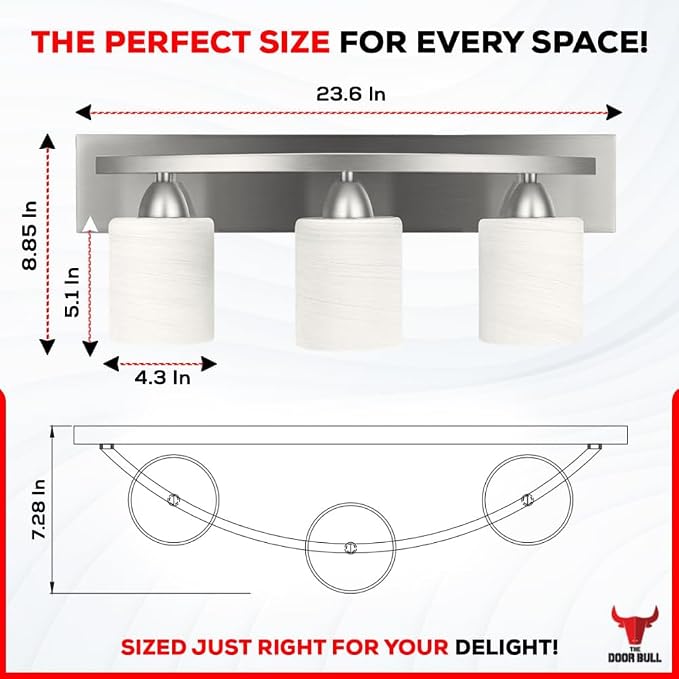 3-Light Bathroom Vanity Bar Light Fixture - Brushed Nickel | Modern Frosted glass shades with E26 socket. Matte Wall sconce lighting perfect over mirror, kitchen, hallway, or entryway
