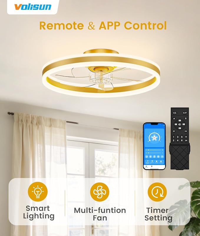 VOLISUN Low Profile Ceiling Fans with Lights and Remote, 20in Flush Mount Ceiling Fans with Light, 3000K-6500K Dimmable Fandelier LED Fan Light, Gold Bladeless Ceiling Fans with Lights for Bedroom