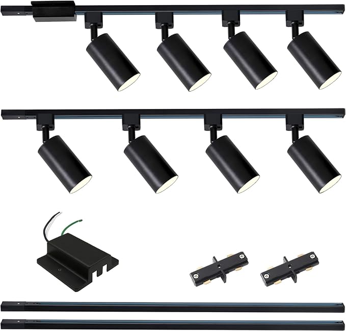 8-Light LED Track Lighting Kit with 6.6FT H Type Track Lighting Rails and Floating Canopy Connector, Modern Kitchen GU10 Track Lighting Fixtures Ceiling Spot Light, Black (No Bulbs)