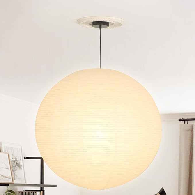 White Round Paper Lantern Lampshade, 24"x24' Large Paper Lanterns Pendant Light Shade, Chinese Foldable Design for Living Room, Bedroom, Ceiling Lampshade Party Decor
