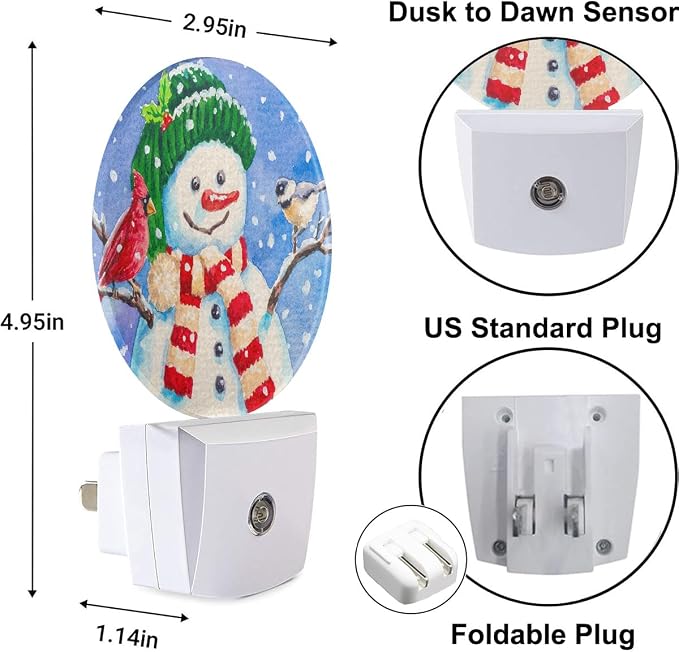 Snowman and Birds Decorative Night Light Winter Snow Snowflakes Christmas Plug-in Nightlight Energy Saving 0.5W LED Lighting for Boys Girls Men Women