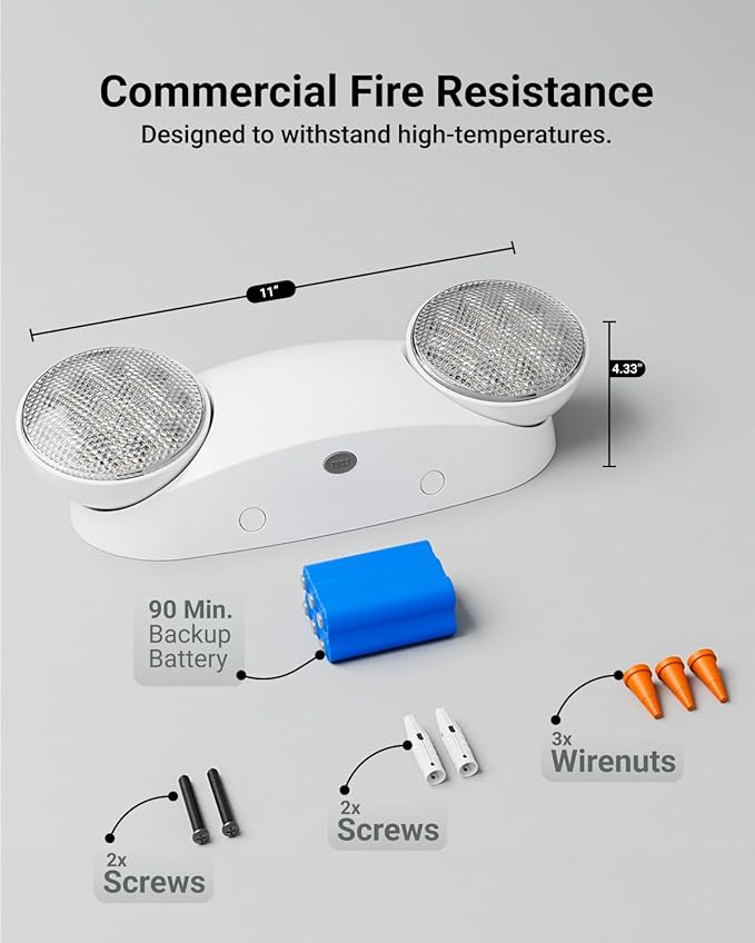 Sunco 12 Pack Emergency Light Outdoor LED, Backup Battery, Two Adjustable Bug Eye Head Lights, 94V-0 Fire Resistant, 6500K, 200 Lumens 120-277V, 2W, Wall Mount, White UL