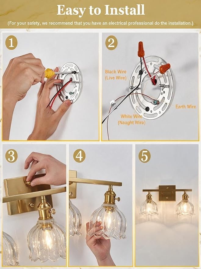 3-Light Vintage Bathroom Vanity Light, 19.4" Brass Hardwired Wall Sconce with Amber Tulip Glass Shades, Brushed Gold Vanity Light for Mirror, Restroom, Bedroom (Clear, 2-Light)