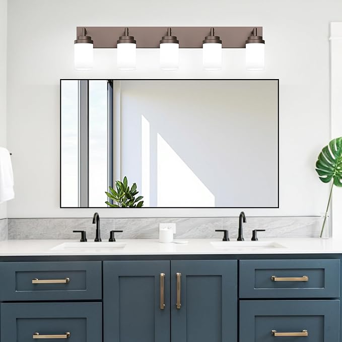 Bathroom Light Fixtures, Oil Rubbed Bronze Bathroom Lighting Fixtures Over Mirror, Modern Vanity Light with White Glass Shade, Restroom Lighting Fixtures, 5-Light 36-inch