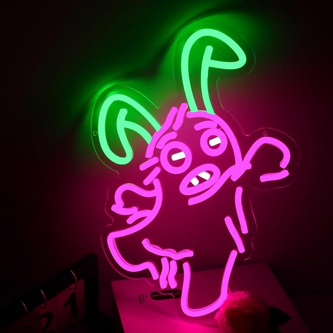 Funny Ugly Cute Monster Rabbit LED Neon Sign, USB Powered Pink Green Kawaii Bunny Neon Light for Wall Decor, Funny Cartoon Inspired Aesthetic Lamp for Kids Bedroom, Game Room, Gift for Fans