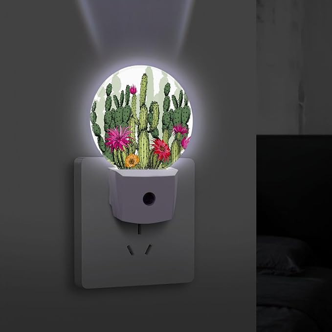 Round LED Night Light,Green Flowers Cactus Plants LED Night Light Plug into Wall with Dusk to Dawn Light Sensor White Energy Efficient Nightlight for Bedroom Hallway Living Room Kitchen