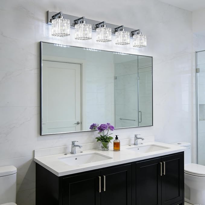 Brushed Chrome Crystal Bathroom Vanity Light, 5-Light Modern Bathroom Lighting Fixtures Over Mirror,Chrome Wall Sconce Light Fixtures with Square Shade