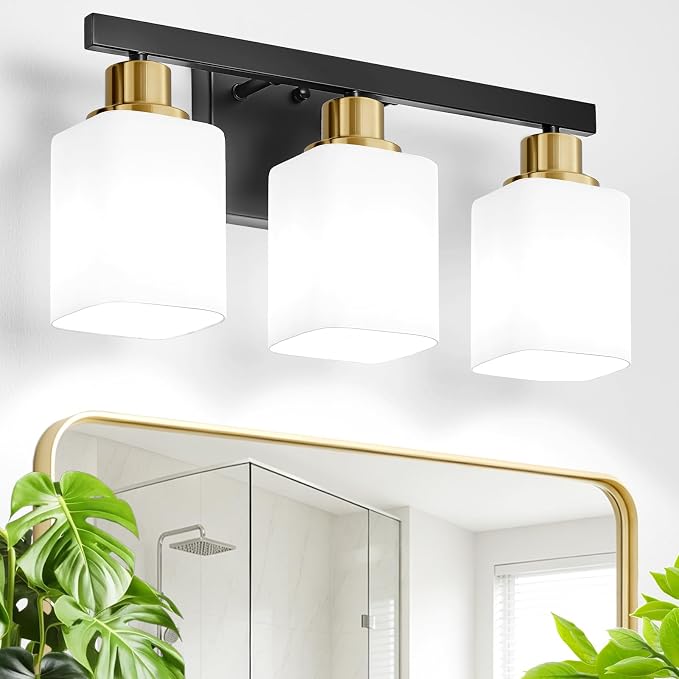 Black and Gold Vanity Light,3-Light Bathroom Light Fixtures,17" | Modern Bathroom Light Fixtures with Square Frosted Glass,Wall Sconces Lighting fixtures Over Mirror Restroom, Living Room