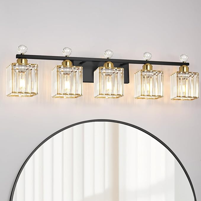 Bathroom Vanity Lights Over Mirror - Easy Installation with Clear Guide, 5-Light Shadow-Free Design, Black and Gold Crystal Finish - for Modern Home Bathroom Lighting Fixtures in DIY Projects