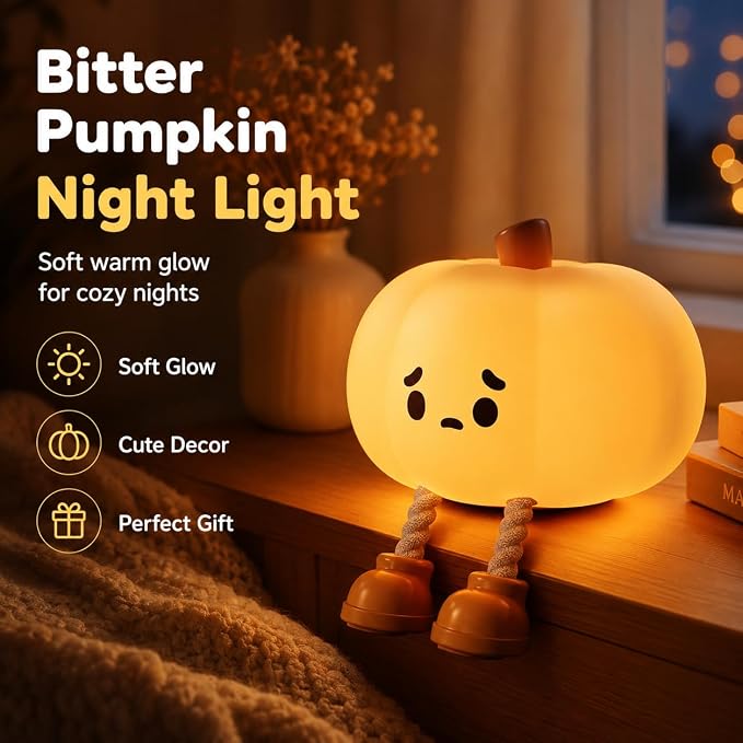 Bitter Pumpkin Night Light, LED Squishy Novelty Animal Night Lamp, Food Grade Silicone 3 Level Dimmable Nursery Nightlight for Desk Decor, Funny Gifts Stuff for Boys Girls Baby, White Elephant Gifts