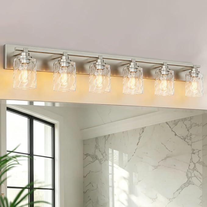 Modern Bathroom Lighting Fixtures Over Mirror, Vanity Lights for Bathroom, Wall Sconces with Clear Glass Shades, E26 Ceramic Socket, 6-Light 43-inch Brushed Nickel