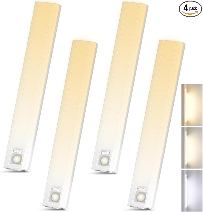 4 Pack 10 Inch Wireless Under Cabinet Lighting, 3 Color Motion Sensor Light | Rechargeable Closet Light with 68 LEDs, 6-Level Dimming and Magnetic Mounting for Kitchen Counters, Stairs and Bedrooms