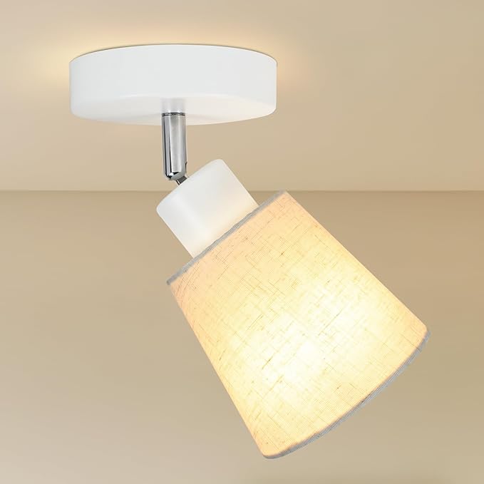 HiBay 1-Light Ceiling Track Lighting Fixture Farmhouse, Modern White Directional Flush Mount Spotlight w/Linen Shade for Bedside Picture Studio Art, E26 Base (Bulbs Not Included)