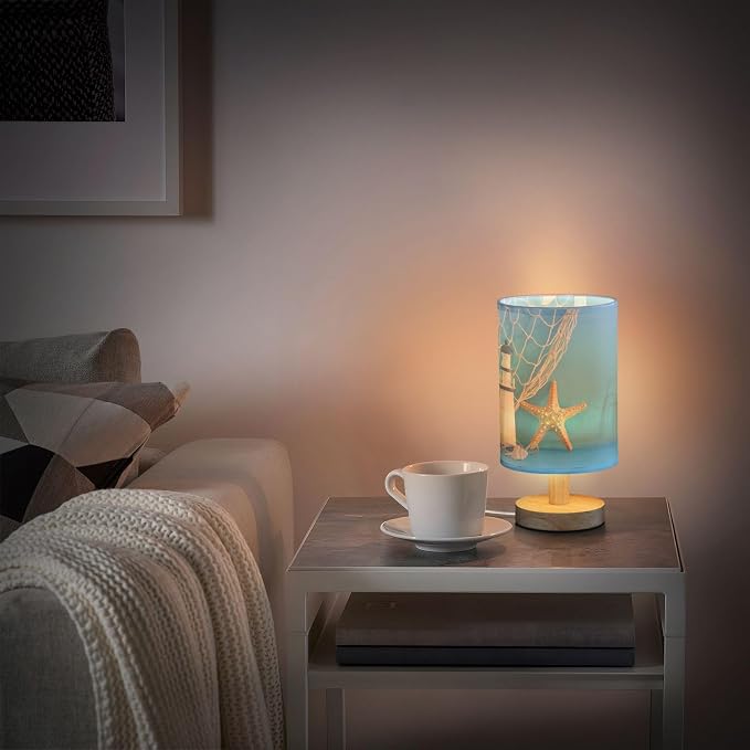 Table Lamp Nautical Sailboat Lighthouse Starfish Seashell Fishnet Blue Wood Nightstand Lamp with Wood Base Fabric Lamp Shade Bedside Desk Lamp for Living Room Bedroom Kids Room Office