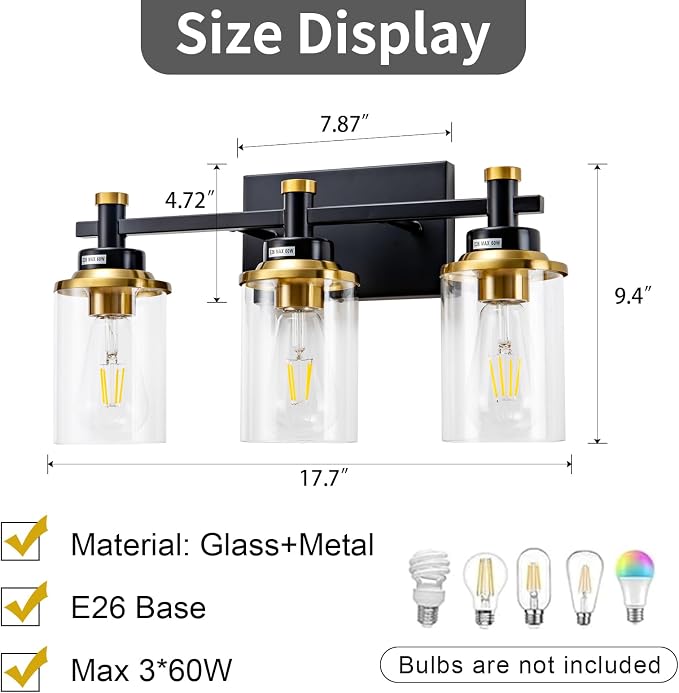3 Light Bathroom Light Fixtures, Black and Brushed Gold Vanity Light Fixture Over Mirror, Modern Wall Sconces Lighting Wall Lamp for Bathroom, Bedroom, Hallway with Clear Glass Shade