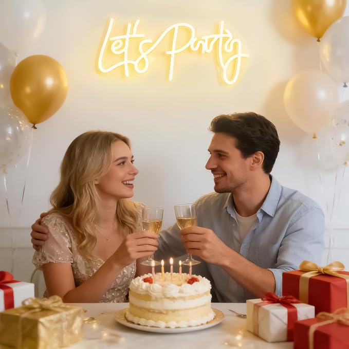Let‘s Party Neon Sign for Party Wall Decor, LED Lets Party Light up Sign for Backdrop, 16"x 7" USB Powered 10 Warm Brightness Settings Light up Signs Birthday Bachelorettle Wedding Parties Bar