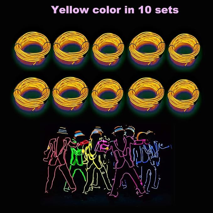 MaxLax EL Wire Yellow 10-Pack, 9ft/2.75m Neon Light Wire with Noise Reduction and Battery Pack…