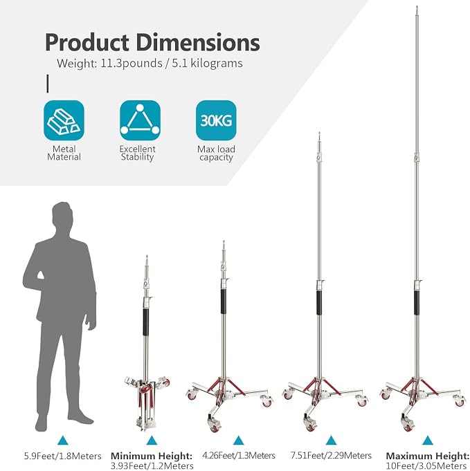 NEEWER Heavy Duty Light Stand with Casters, 100% Stainless Steel Tripod | Adjustable, Photography Wheeled Base Stand, for Studio Softbox, Monolight, Reflector, Max Height: 10ft/305cm