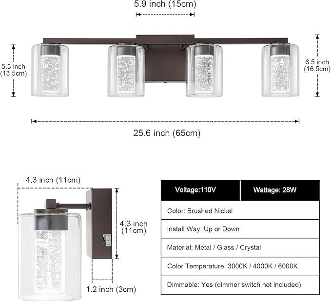 SineRise 4-Light Bronze Vanity Light with 3 Color Modes (3000K/4000K/6000K), Eye Protection LED Bathroom Light Fixture, Dimmable Modern Wall Light Over Mirror with Clear Glass Shade