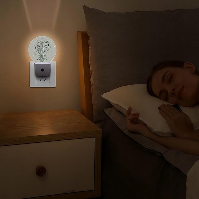 Round LED Night Light,Wild Cactus Desert Arizona Vintage LED Night Light Plug into Wall with Dusk to Dawn Light Sensor White Energy Efficient Nightlight for Bedroom Hallway Living Room Kitchen