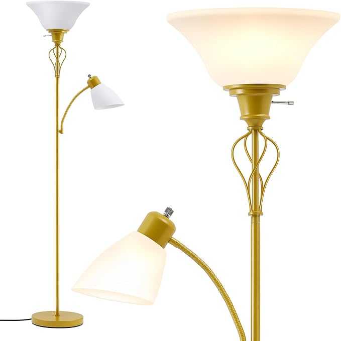 Floor Lamps for Living Room, 70" Tall Torchiere Floor Lamps, Plastic Shade | Tall Lamp with Adjustable Gooseneck Reading Light, Modern Corner Standing Lamp for Bedroom, Office, Separate On/Off Switch