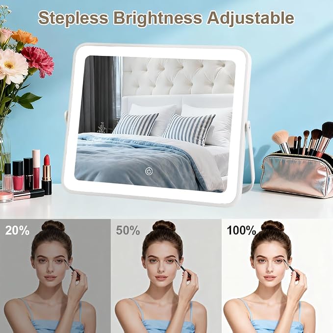 YEKKOPT Portable Desk Vanity Mirror with Lights,10"×12" Small Rechargeable Makeup Mirror with Lights,Smart Touch Screen with 3-Color Lighting,Dimmable,for Dorm Tabletop,Bedroom,Decor