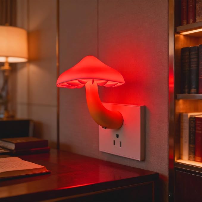Red LED Mushroom Night Light Plug in Lamp, Light Sensor Night Lights Plug into Wall, Dusk to Dawn Sensor Night Light for Adults Kids Room Bedroom Bathroom Hallway Kitchen
