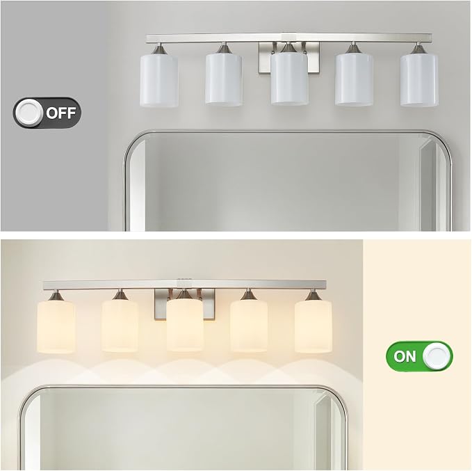ZHU YAN Modern Vanity Light Over Mirror, 5-Light Brushed Nickel Bathroom Lighting Fixtures, White Frosted Glass Shades,Bathroom Lights for Mirror Living Room Bedroom E26 Socket