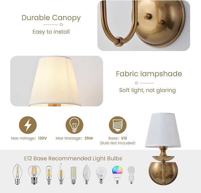 Aiwen Wall Lamps Polished Solid Brass Finish with Eggshell/White Flax Fabric Shade 1 Light