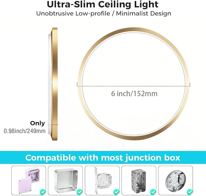 zemty 6Pack 6.5Inch LED Ceiling Lights Gold, 12W 1200lm Small Flush Mount Light Fixture, 3000K/ 4000K/ 6500K Round Flat Recessed Ceiling Lights for Kitchen, Closet, Hallway,Pantry