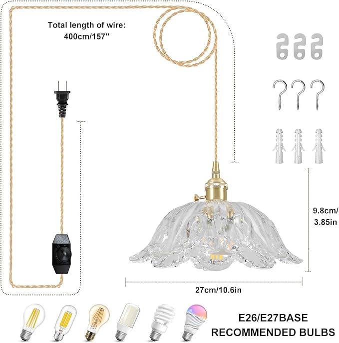 Plug in Pendant Light Fixtures,Hanging Light Fixture Transparent Glass Pendant Light 10.6in E26 Pendant Lighting for Kitchen Island, Bedroom, Dining Room, Living Room