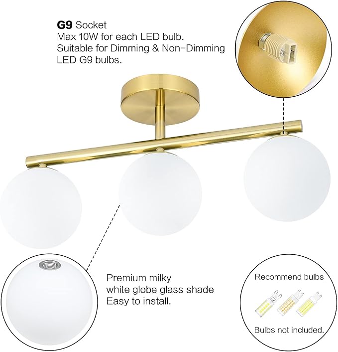 Bathroom Vanity Lights, 3-Light Bathroom Light Fixtures Gold Bathroom Lights, Mid Century Modern Brass Gold Vanity Light Dimmable Wall Sconce Wall Mount Light Fixture with Milk Glass, G9 Base