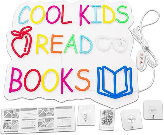 Cool Kids Read Books Neon Sign for Wall Decor, Reading Letter LED Neon Lights Library Neon Signs, Kids Room Reading Corner Classroom Christmas Bedroom Decoration 16.06 x 14.17 inch