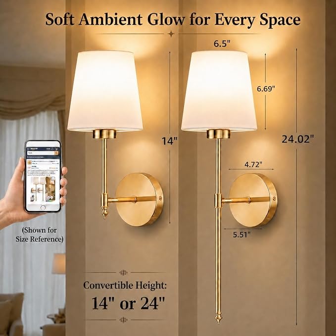IRONPAX Wall Sconces Battery Operated Set of 2, Wireless Rechargeable Wall Sconce Set of Two, Dimmable Wall Lights with Remote for Bedroom Living Room Hallway Decor (Gold, Fabric Shade)