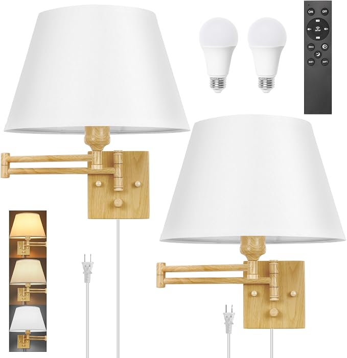 TRLIFE Remote Control Dimmable Wall Sconce, Adjustable Color Temperature 2700K-6500K Brushed Brass Swing Arm Wall Lights with Plug in Cord, 11.8" Large White Shade(2 Pack, Oak Color)