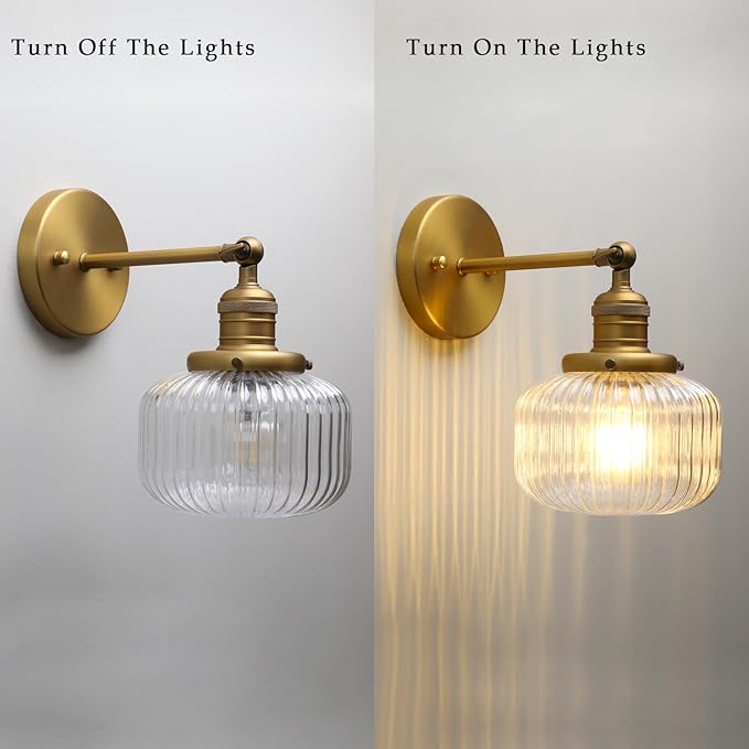 Phansthy Vintage Hardwired Sconces Wall Lighting, Bathroom Vanity Light Fixtures Antique Brass, Modern Wall Light with Clear Striped Glass Shade for Bedroom Fireplace Hallway (Antique Gold, One-Light)