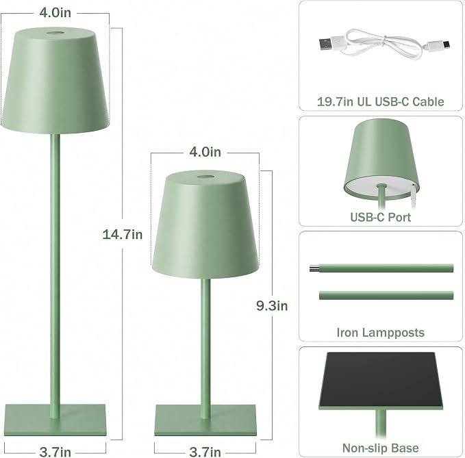 Kakanuo Green Cordless Rechargeable Table Lamp, 2 Pack Portable Desk Lamp with 5000mAh Battery, Touch Control Stepless Dimming, Wireless Night Light for Dining, Outdoor Camping