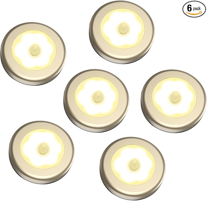AMIR 3.15” Motion Sensor Light, 6 Pack Cordless Battery-Powered LED Night Light, Stick-Anywhere Closet Lights Stair Lights, Safe Lights for Hallway, Bathroom, Bedroom, Kitchen (Golden - Warm White)
