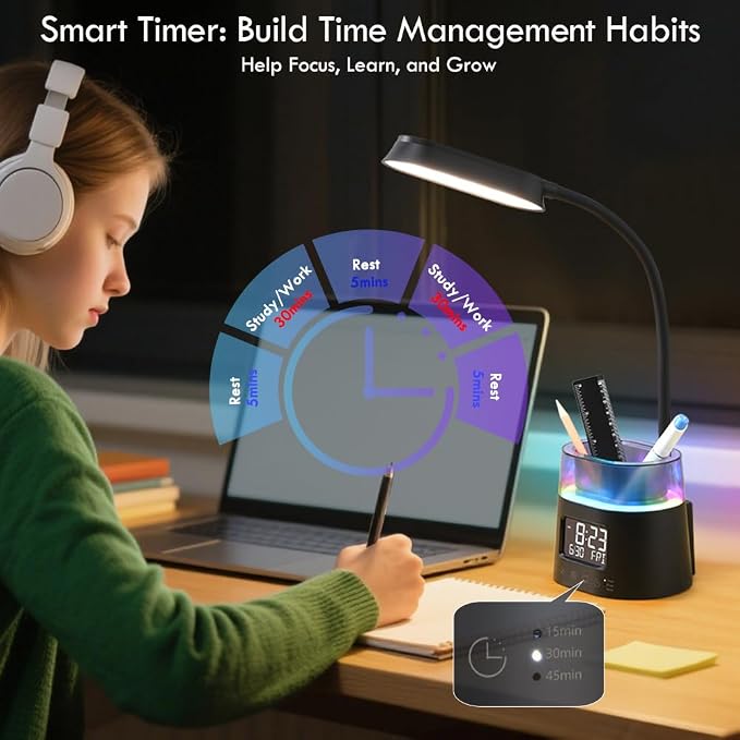 WILIT LED Kids Desk Lamp, Dimmable Study Lamp for Home Office Desk Accessories, with Pen Holder & Clock, USB Charging Port, RGB Night Light, Bedroom & College Dorm Room Essentials for Girls - Black