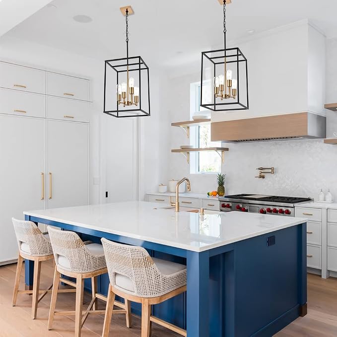 Retro 4 Light Large Farmhouse Chandelier Rustic Dining Room Lighting Fixtures Hanging in Black and Brushed Brass Finish Metal Square Cage Pendant Lighting for Kitchen Island