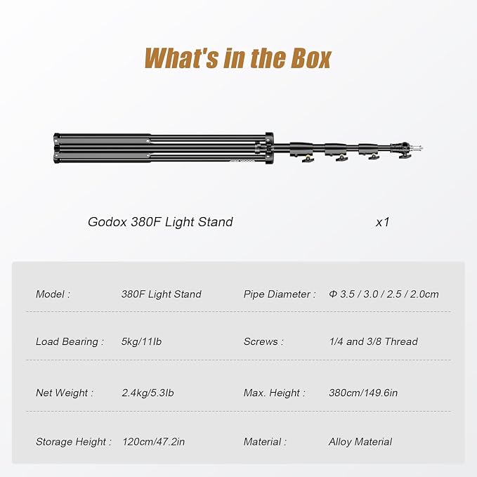 Godox 380F Heavy Duty Light Stand 150in/12.6' Tripod Stand Adjustable 110cm-380cm Spring Cushioned Photography Light Stand with 1/4” to 3/8” Screw Adapter for Strobe,LED Video Light,Monolight, Softbox