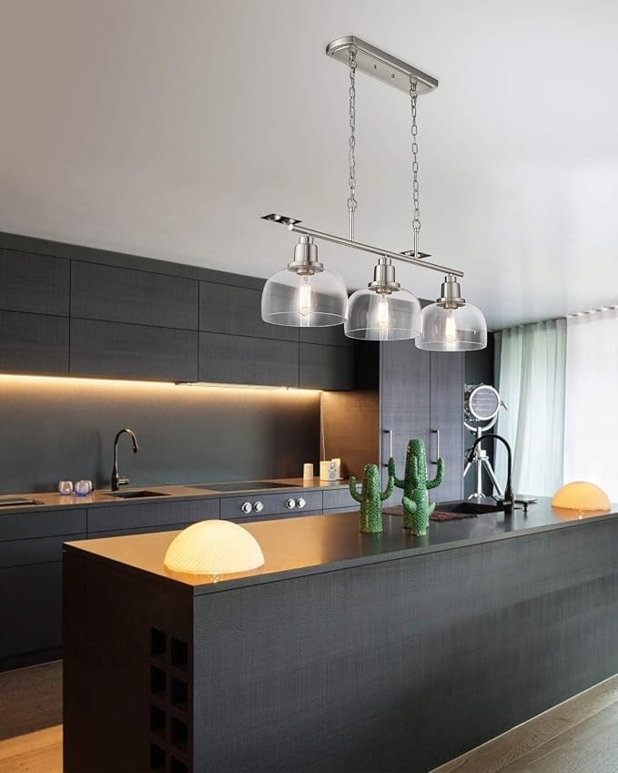 EAPUDUN 3-Light Kitchen Island Light, Farmhouse Pendant Lighting for Dining Room Pool Table Ceiling Light, Brushed Nickel Finish with Clear Glass, PDA1125-BNK