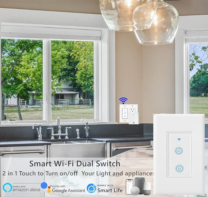Nexete Smart Wi-Fi Double Light Switch, 2 in1 Single Pole Switch Compatible with Alexa Google Home,Voice Control, Timing Function,Neutral Wire Required(Double)