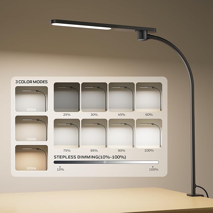 Honeywell HJ2 Gooseneck LED Desk Lamp with Clamp, CRI≥97 Full Spectrum Eye-Caring Light, 16" Flexible Metal Arm, 3-Color Dimming with Magnetic Remote for Home Office, Artists, Reading (Black)